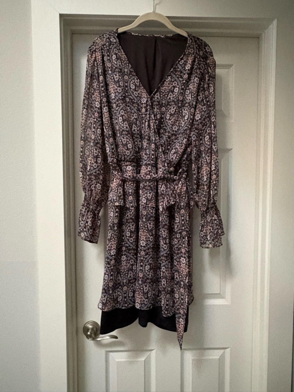 Black and Pink Floral Long-Sleeve Faux Wrap Dress